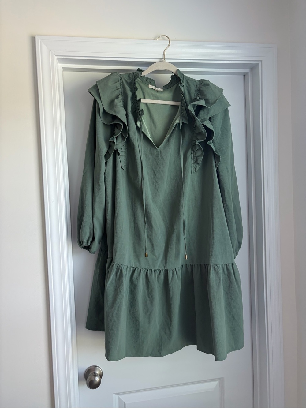 entro Sage Green Ruffle Long Sleeve Tiered Dress